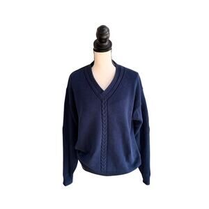 Vintage 90s Claiborne Cable Knit V Neck Sweater Navy Cotton Men's M Women's L